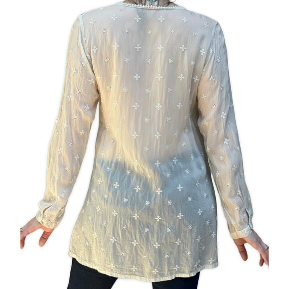 Johnny Was Embroidered Boho Applique Tunic Off White Sheer V-Neck Size S Small - Picture 2 of 5